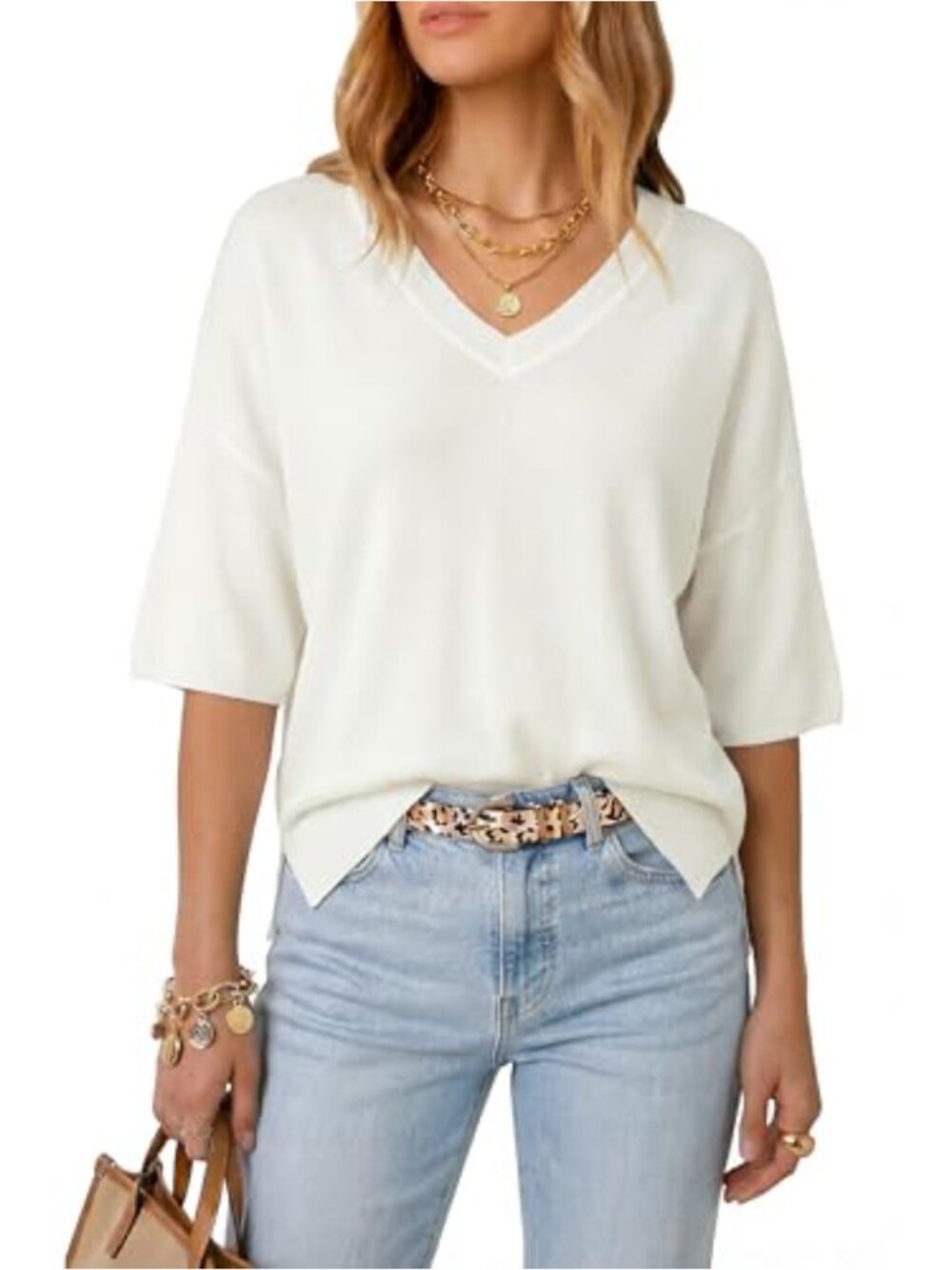Women's Oversized Wool Blend Elbow Sleeve V-Neck Pullover Sweater